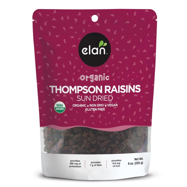 ELAN Organic Sun-Dried Thompson Raisins, Non-GMO, Vegan, Gluten-Free, Kosher, 225 Gram