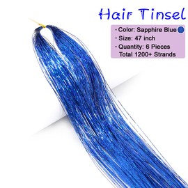 MISSUHUI Hair Tinsel Kit with Tools 47Inch 1200 Strands Fairy Hair Tinsel Heat Resistant Glitter Tinsel Hair Extensions Sparkling Shiny Hair Tinsel Strands Kit for Women Girls 6Pcs (Sapphire Blue)