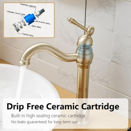 BATHLAVISH Brushed Gold Vessel Sink Faucet 360° Swivel for Bathroom Single Hole Farmhouse Tall Commercial Vanity Matching Pop Up Drain without Overflow Mixer Tap Single Handle