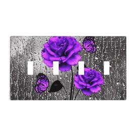 Romantic Purple Butterfly Rose Flower Decorative 4 Gang Quad Toggle Light Switch Cover Electric Large Size Quadruple Faceplate Decorative Switch Face Wallplate