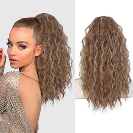 AISI BEAUTY Ponytail Extension Curly Drawstring Ponytail for Women 18 Inch Curly Wavy Synthetic Pony Tail for Daily Party Use(Brown With Blonde Highlights)