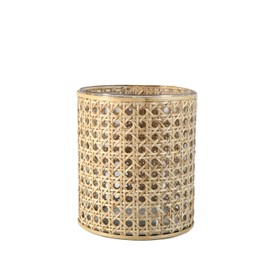 Serene Spaces Living Glass Hurricane Candle Holder Wrapped in Woven Rattan Cane, Rustic Centerpiece for Tables, Wedding Decorations, Home Décor, and Event Vases, 5" Diameter & 10" Tall
