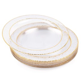 MATANA 40 Premium Clear Hard Plastic Dinner Plates with Hammered Gold Rim, 26cm / 10 Inch - Elegant & Reusable Party Plates for Weddings, Birthdays, Picnic, BBQ, Parties