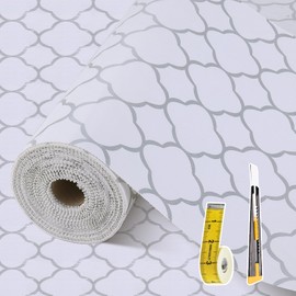 Shelf Liners for Kitchen Cabinets 12in x 30FT Non Adhesive Drawer Liner Silver Quatrefoil Shelf Liner Paper Strong Non-Slip Easy to Clean for Tool Box Refrigerator with Knife and Tape Measure