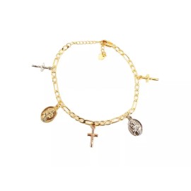 Blingworld Women's Fancy 14K Gold Filled Tri-Colored Religious Cross Charm Anklet 9.5-11''