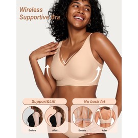 OEAK Womens Comfortable Deep V Bras Wireless Push Up Seamless Full Coverage Bralettes Supportive Bra Raceback Tshirt Bras Nude,2XL