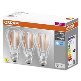 OSRAM LED-Lampe, Sockel: E27, Kalt weiß, 4000 K, 7,50 W, Ersatz für 75-W-Glühbirne, klar, LED BASE CLASSIC A, 3er-Pack
