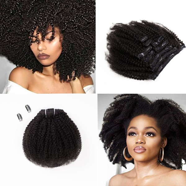 Saga Queen Brazilian 4b/4c Afro Kinky Curly Clip-In Hair Extensions, 8 Pieces, 18 Clips, 120 g/Pack, Brazilian Virgin Remy Human Hair (14 Inches, Natural Black)