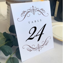 Classic Flourish Wedding Table Numbers, Chocolate, 1-30, Double Sided, Tent or Use in a Stand, Great for Parties & Restaurants - Made in the USA