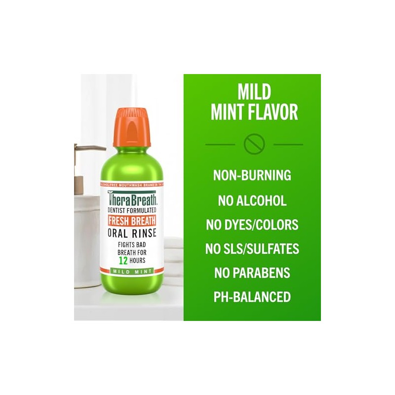 TheraBreath Fresh Breath Mouthwash, Mild Mint, Alcohol-Free, 1 Liter