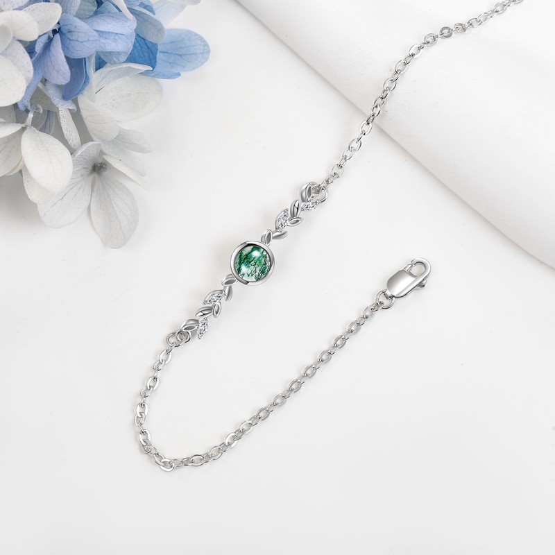 HUKKUN Moss Agate Bracelet Sterling Silver Leaf Bracelet Moss Agate
