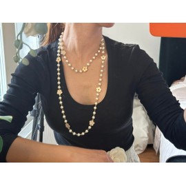 Designer Inspired Long Double Pearl Strand Layered Camellia Flower Pendant Necklace for Women, Dainty Sweater Necklace for Party, Vintage Costume Jewelry (Gold rhinestone clovers)