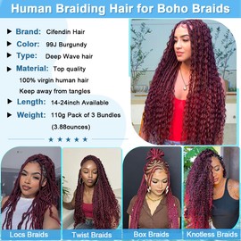 CIFENDIN Human Braiding Hair for Boho Braids 110g 20 Inch Burgundy Curly Boho Hair for Braiding Knotless 12A Deep Wave Wet and Wavy Bulk Bohemian 3 Bundles/Pack Color 99J