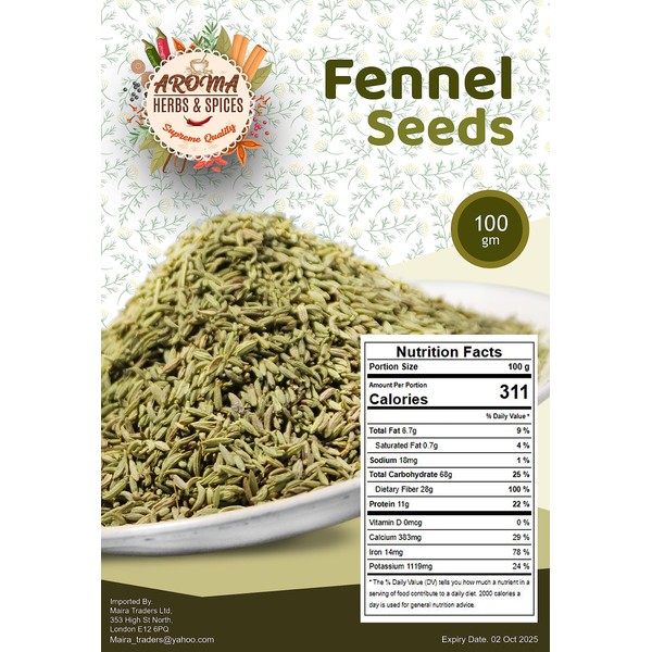 Fennel seeds | 100gm | Premium quality | 100% Fine Quality Ingredient I Herbs & Spices | Authentic | Gluten free | Resealable Zip Lock Pouch |Fennel Seeds for Cooking, Smoothies & Lattes