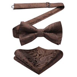 HISDERN Men's Brown Bow Tie Pre-tied Paisley Bow Ties for Men Wedding Party Bowtie and Pocket Square Set Formal Elegant Dickie Bowties for Gents