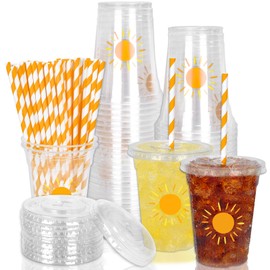 Whaline 50Pcs Boho Sun Disposable Plastic Cups with Lids and Straws 12oz Party Cups Sunshine Cold Beverage Drinking Cups for Birthday Baby Shower Party