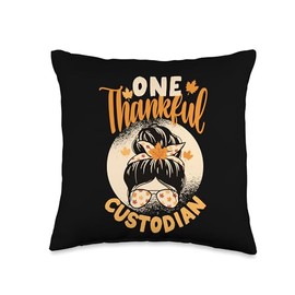 Turkey Meat Pilgrim Costume Thanksgiving Shirt One Thankful Custodian Funny Thanksgiving Day Autumn Fall Throw Pillow, 16x16, Multicolor