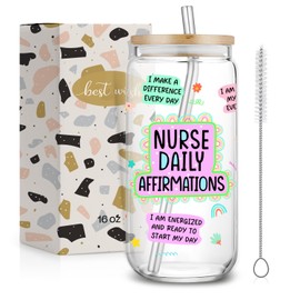 SEWSONG Nurse Daily Affirmations Glass Cup Gifts for Women Nurse,16oz Funny Drinking Jar with Lids Straws,Best Gifts for Week Graduation Birthday,RN/LPN/NICU Gift