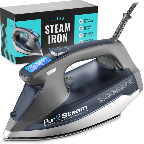 PurSteam Professional Grade 1800-Watt Steam Iron with Digital LCD Screen, 3-Way Auto-Off, Double-Layer Ceramic Soleplate, Axial Aligned Steam Holes, Self-Clean with 9 Preset Steam & Temp Settings