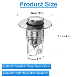 sourcing map Bathroom Sink Stopper Push Type Sink Drain Strainer with ABS Filter Basket Hair Catcher Fit for 1.3"-1.6" 2.6" Depth Bathroom Kitchen Sink Drain Hole Silver