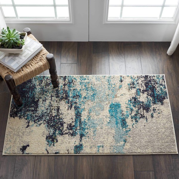 Nourison Celestial Modern Abstract Area Rug, 2'2" x 3'9" (2'x4'), Ivory/Teal Blue