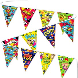 Superhero Themed Party Decors and Supplies, Superhero Party Banner - 12-Piece Vibrant Comic Flags Set, Superhero Action Sign Banner for Heros Fans