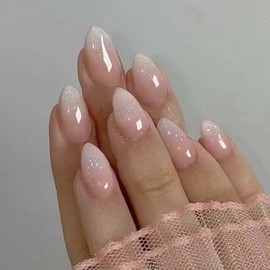 Hkanlre Bling Coffin Press on Nails Fake Nails Tips Full Cover Medium False Gradient Nails for Women and Girls 24PCS (Nude bling almond)