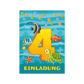 12 Invitation Cards Including 12 Envelopes for 4th Birthday Party Boys Girls Fish