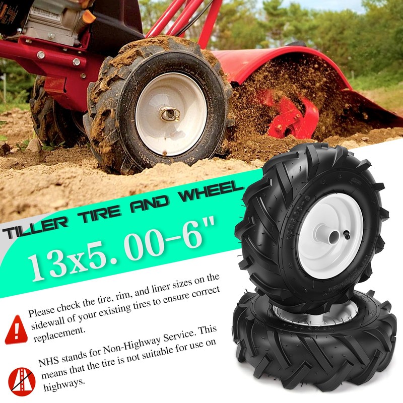 13x5.00-6" Tiller Tires and Wheels, (2-Pack 1" Axle Bore, 3-1/8"