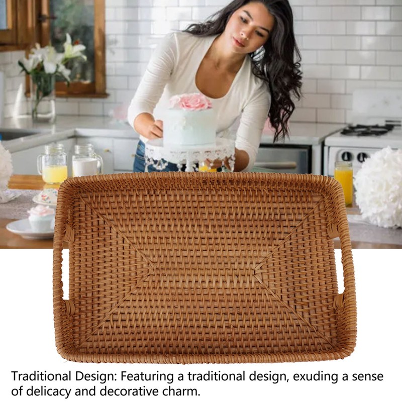 Serving Basket Tray with Handles Rattan Rectangle Large Capacity Durable