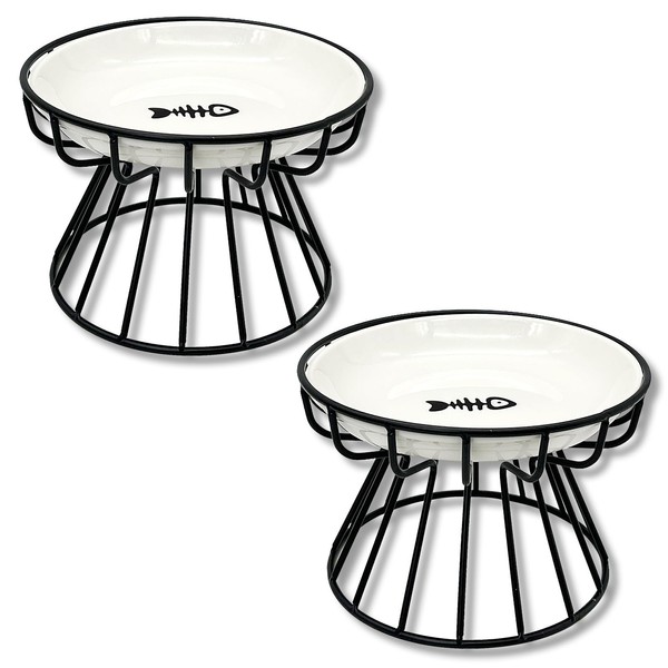 BNOSDM 2 Pcs Elevated Cat Bowls Ceramic Shallow Cat Food