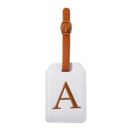 Initial Luggage Tag, PU Leather Baggage Tag, Monogrammed Luggage Tag, Letter Travel Tag, Bag Tag, ID Tag, Travel Accessory Luggage Identifier (White Leather+Brown Letter, A Letter)