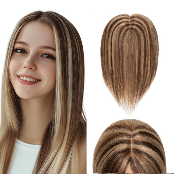 Elailite Hair Topper Real Hair #4P27 Medium Brown/Honey Blonde 15