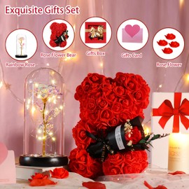 K KYMAKE Valentines Gifrs for Her, Rose Bear Gifts for Girlfriend Women, Valentines Rose Teddy Bear Birthday Gifrs for Mom Wife Daughter,Glass Rose Beauty and The Beast Rose Colorful Rainbow Light Up Rose