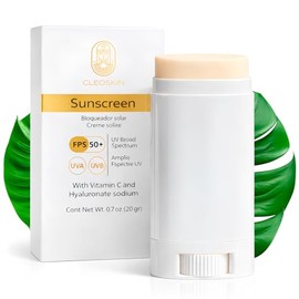 CLEOSKIN Bloqueador Solar en Barra FPS 50+ con Vitamina C y Ácido Hialurónico, Protección UVA/UVB, 20g, Facial y Corporal, Textura Invisible y no Gras