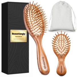 Hair Brush Natural Bamboo Bristles Detangling Hairbrush for Women Men Kids Hair Growth, Mini Paddle Brush for Thick Curly Thin Long Short Wet or Dry Hair