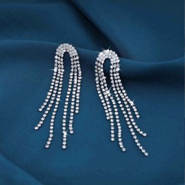 Enautoabs Long Rhinestone Tassel Earrings Crystal Chandelier Dangle Earrings Sparkling Silver Rhinestone Earrings Long Crystal CZ Earrings Cubic Zirconia Wedding Bridal Earrings Jewellery for Women,