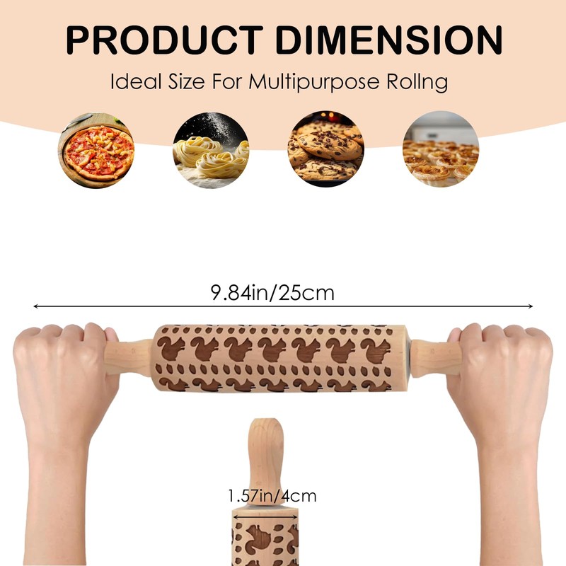 Embossed Rolling Pin with Cute Squirrel Pattern, Wooden Pastry Roller