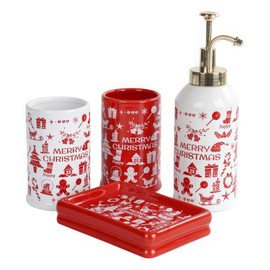 Bathroom Accessories Set, 4 Pcs Merry Christmas Ceramic Bathroom Counter Sets Includs Soap Dispenser Soap Dish & 2 Gargle Cup, Creative Bathroom Kit for Home Office Festival (Red)