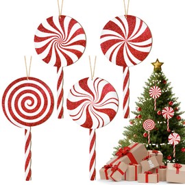 4Pcs Double-Sided Glitter Christmas Wood Candy Ornaments, 12" Large Lollipop Candy Ornaments Xmas Tree Candy Cane Hanging Ornament, Wooden Red Christmas Tree Decorations Peppermint Xmas Decor