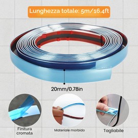 Eulihent 20mm x 5m Striscia Adesiva Cromata Auto Modanatura Finitura Decorativa da Parete Autoadesivo in PVC Striscia di Finitura Universale per Finestrini Porte Specchi e Mobili (Argento Brillante)