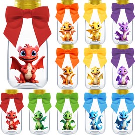 Ethisa 12 Pack Baby Dragon Party Favors - Candy Jars with Ribbons and Stickers - DIY Party Decoration Bottle for Birthday, Baby Shower and School Classroom - Dragon Egg Container for Toddlers and Kids