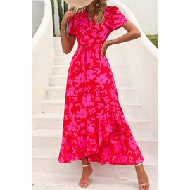PRETTYGARDEN Women's Summer Wrap Maxi Dress Casual Boho Floral V Neck Short Sleeve Ruffle Hem Split Beach Long Dresses (Red Floral,Small)
