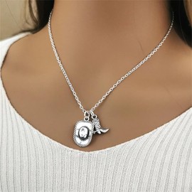 Generic Cowboy Boot Hat Pendant Necklace for Women Western Jewelry Charm Gift for Farm Lover Cowgirl, Silver