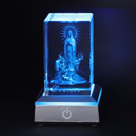 KOMI 3D Crystal Figurine Statue with LED Light Base, Laser Engraved Our Lady of Lourdes Statues Praying Blessed Virgin Mother Mary Figure Catholic Religious Home Decor