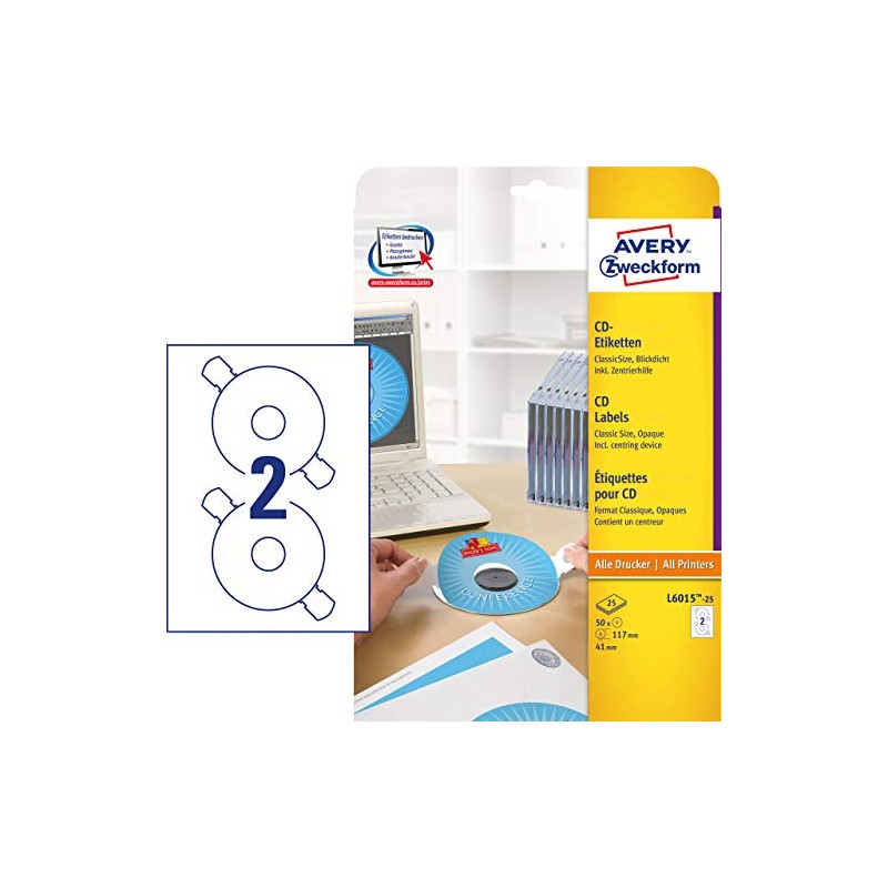Avery Zweckform L6015-25 CD Labels ClassicSize Diameter 117 for Opaque