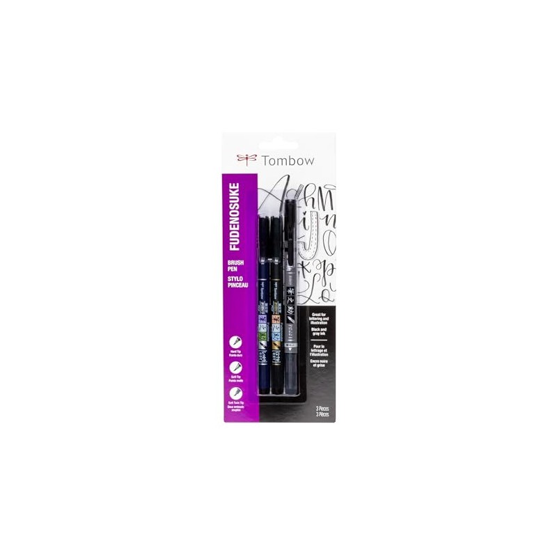 Tombow 62039 Fudenosuke Brush Pens, 3-Pack. Soft, Hard, and Twin