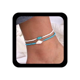 Andelaisi Boho Layered Shell Anklet Bracelet Vintage Seashell Conch Anklet Chain Blue Rice Beads Foot Chain Summer Beach Beaded Link Bracelet Jewelry for Women