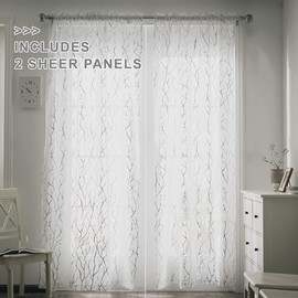 Silver White Café Curtains 45 Inch Length 2 Panels Metallic Silver Foil Tree Branch Sheer Curtains Rod Pocket Sheer Kitchen Curtains over Sink Rod Pocket Privacy Kitchen Window Curtains, 52 x 45 Inch