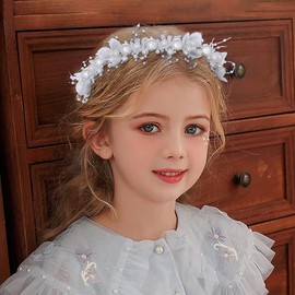 IYOU Flower Girl Headband Silver Pearl Wedding Headpiece Floral Bridal Bridesmaid Hair Accessories for Girls